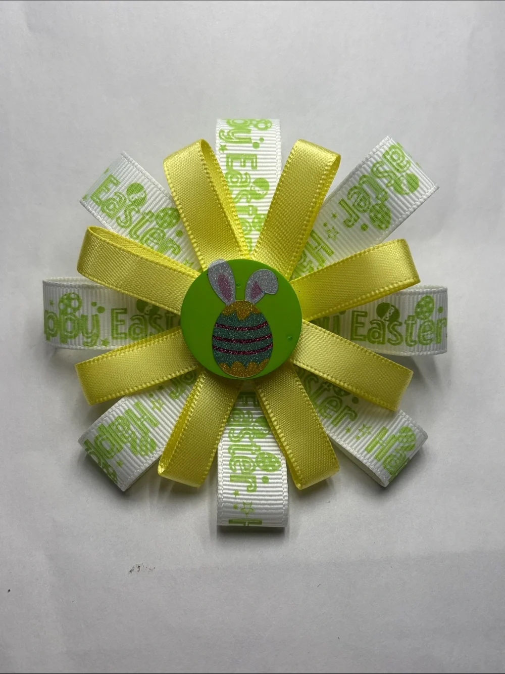 Easter Ribbon Hair Bow with Bunny Egg Center - Yellow & Lime